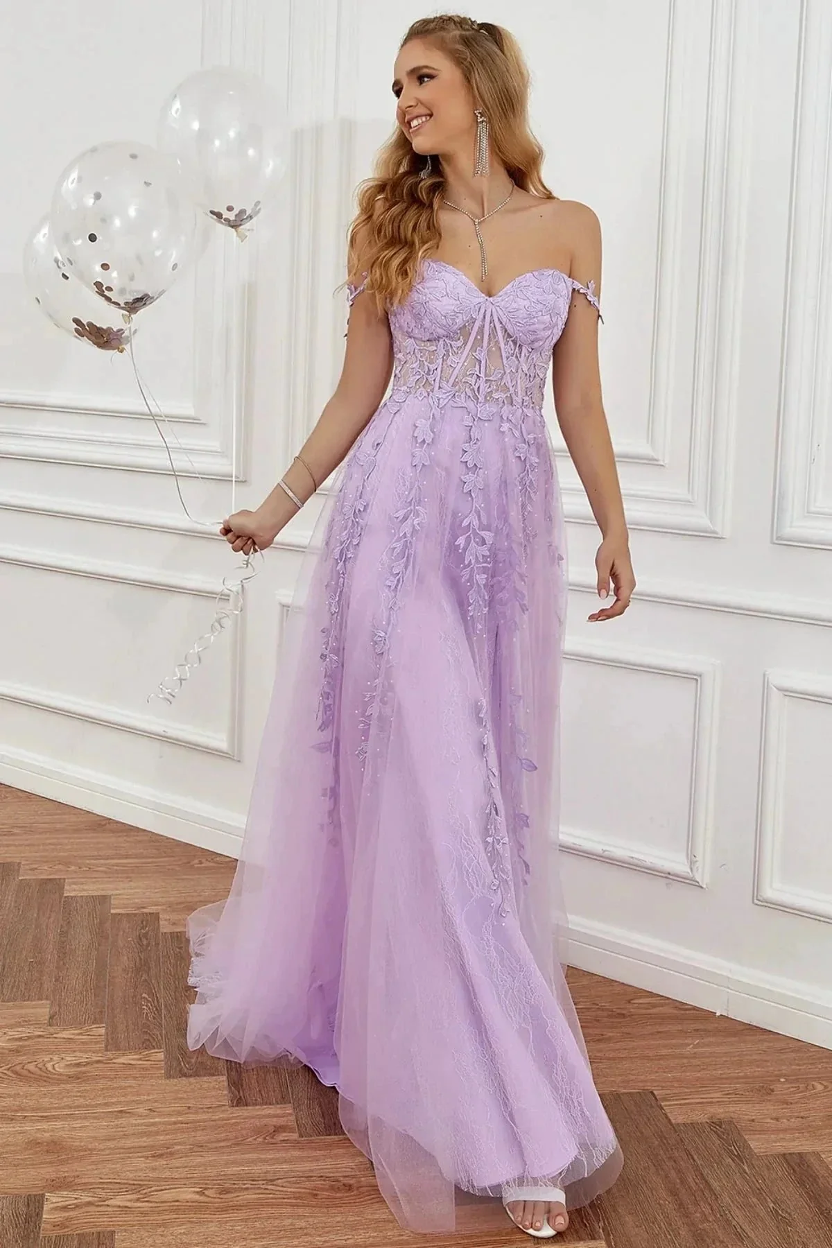 Elegant Long A-line Off The Shoulder Lace Tulle Formal Graduation Prom Dresses with Slit - Image 6