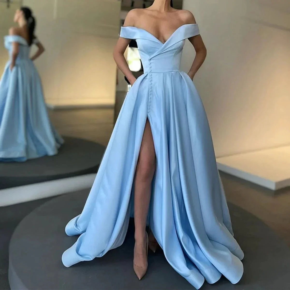 Elegant Long A-line Off the Shoulder Satin Formal Prom Dresses with Slit - Image 2