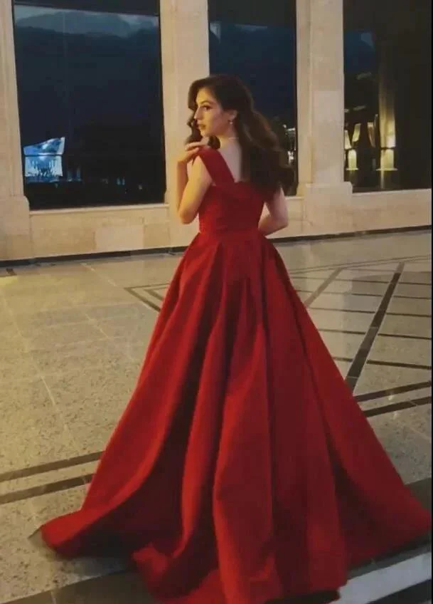 Elegant Long A-line Off-the-shoulder Satin Red Prom Dress - Image 2