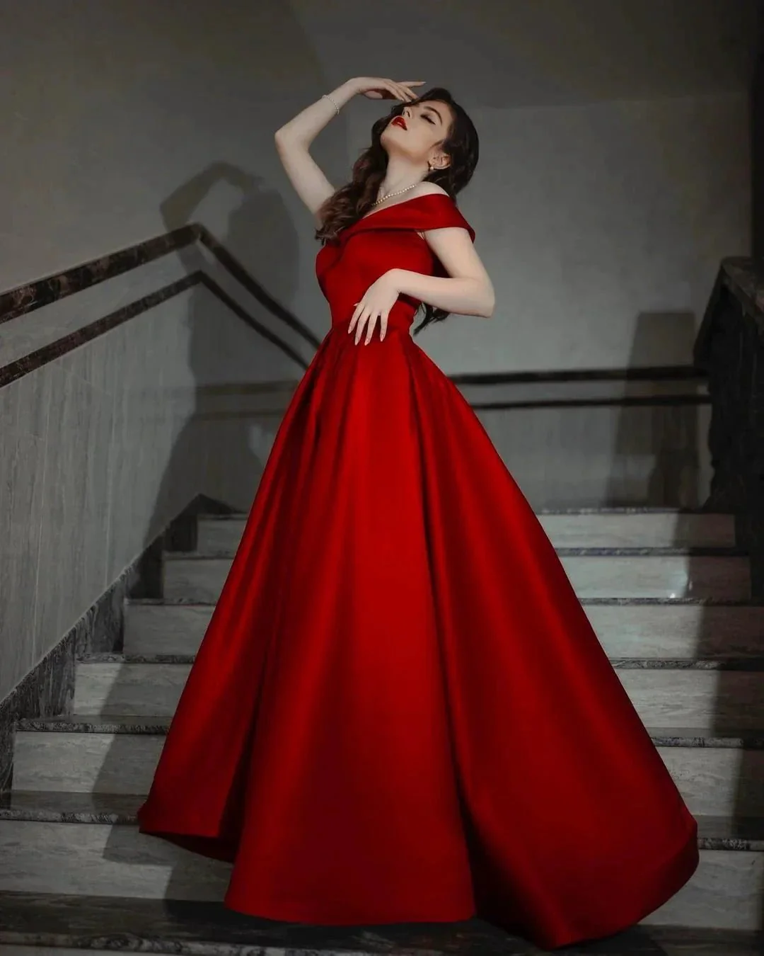 Elegant Long A-line Off-the-shoulder Satin Red Prom Dress - Image 3