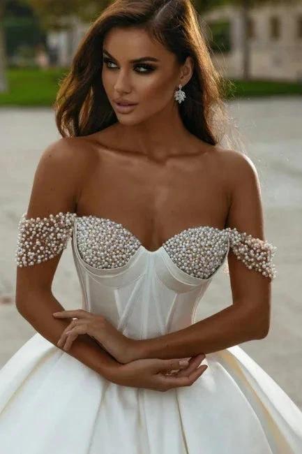 Elegant Long A-line Off-the-shoulder Sleeveless Wedding Dresses With Beads - Image 2