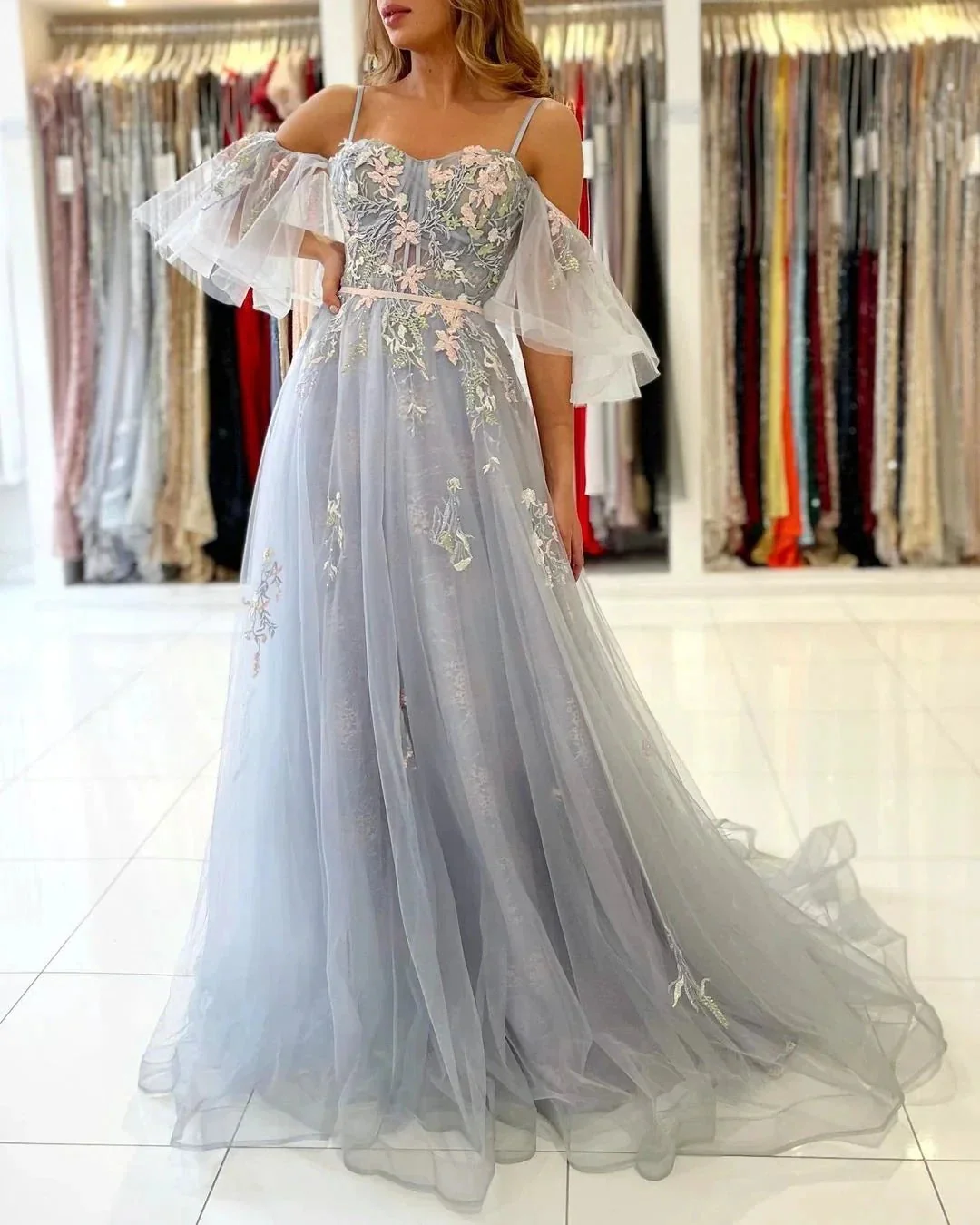Elegant Long A-line Off the Shoulder Tulle Formal Prom Dress with Sleeves - Image 2