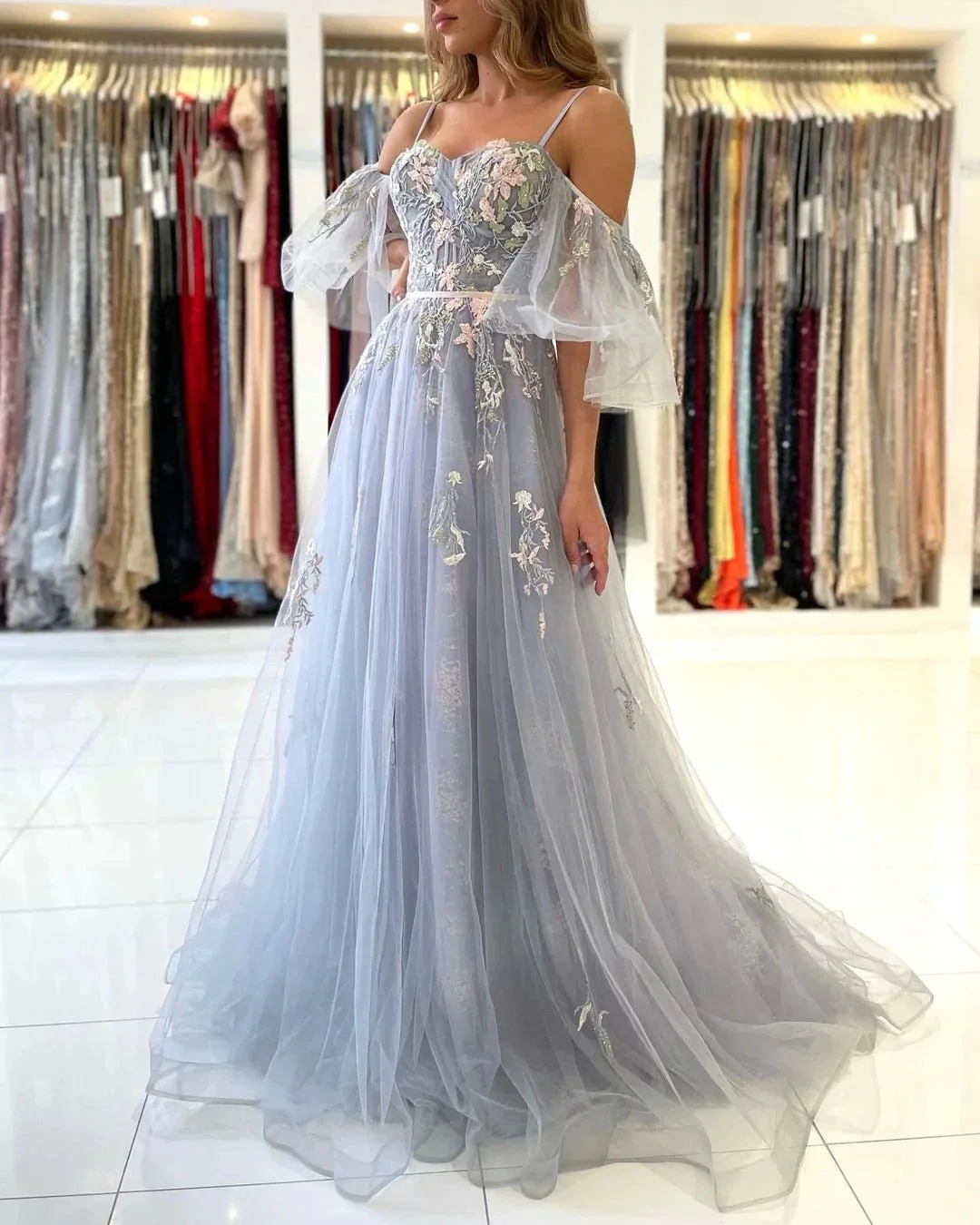 Elegant Long A-line Off the Shoulder Tulle Formal Prom Dress with Sleeves - Image 3