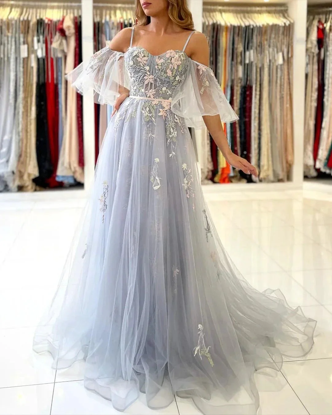 Elegant Long A-line Off the Shoulder Tulle Formal Prom Dress with Sleeves - Image 4