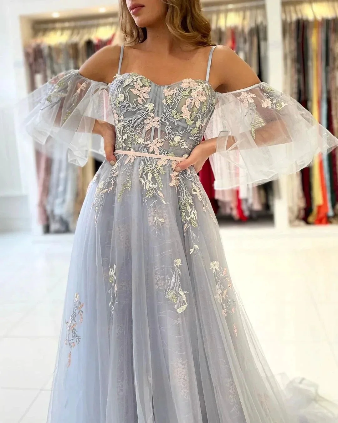 Elegant Long A-line Off the Shoulder Tulle Formal Prom Dress with Sleeves - Image 5