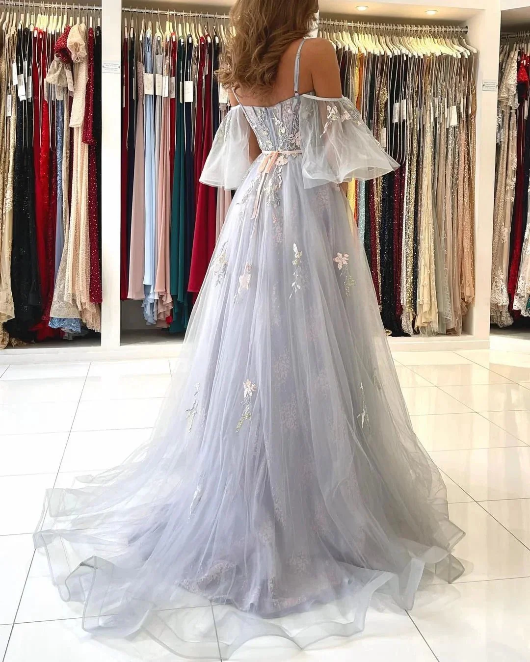 Elegant Long A-line Off the Shoulder Tulle Formal Prom Dress with Sleeves - Image 6
