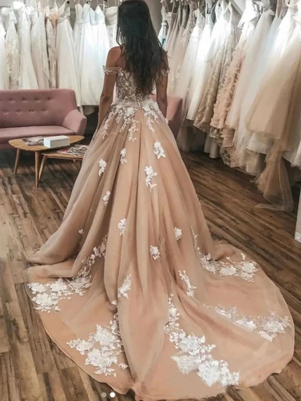 Elegant Long A-line Off the Shoulder Tulle Lace Graduation Prom Dresses - Image 4