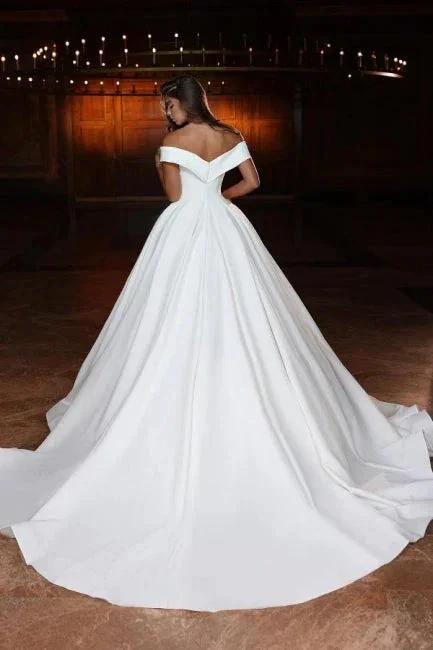 Elegant Long A-line Off-the-shoulder V-neck Satin Wedding Dress - Image 2