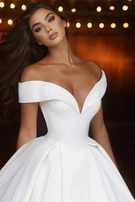Elegant Long A-line Off-the-shoulder V-neck Satin Wedding Dress - Image 3
