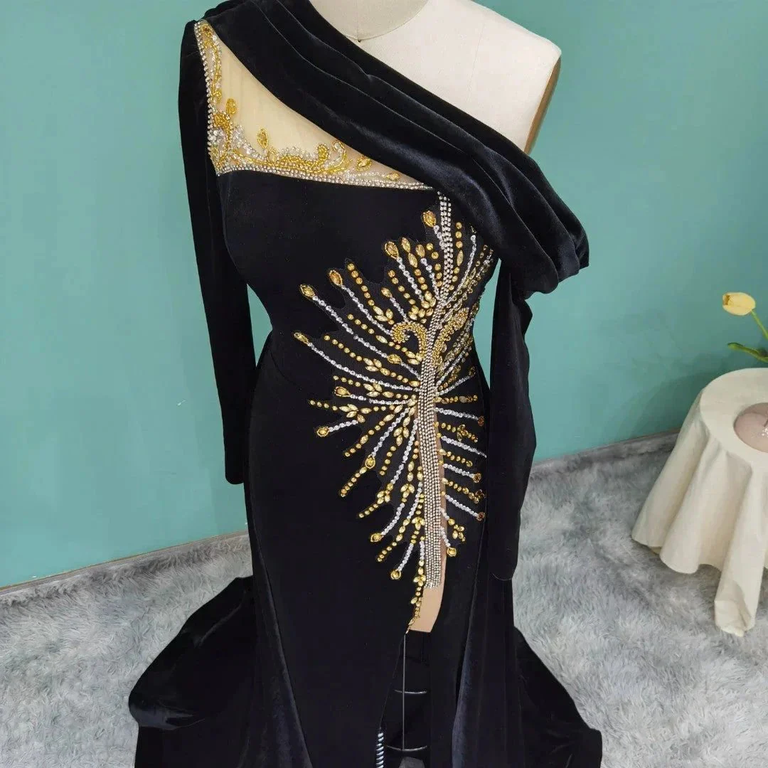 Elegant Long A-line One Shoulder Beading Prom Dress With Long Sleeves - Image 2