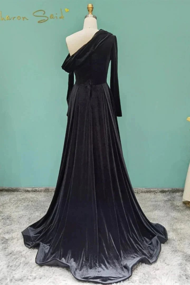 Elegant Long A-line One Shoulder Beading Prom Dress With Long Sleeves - Image 3