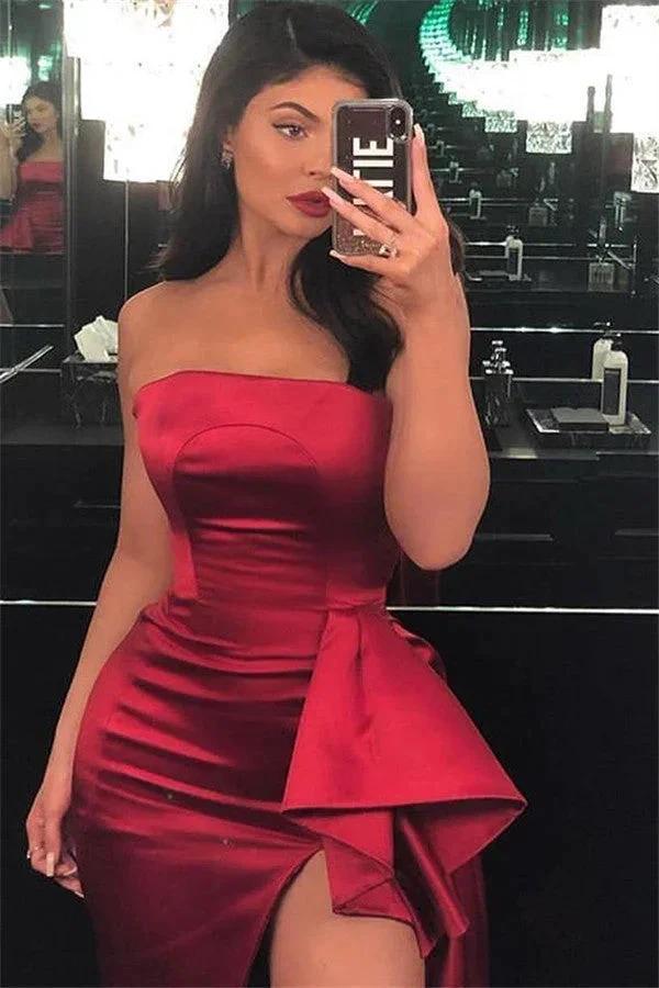 Elegant Long A-line Strapless Satin Prom Dress with Slit - Image 2