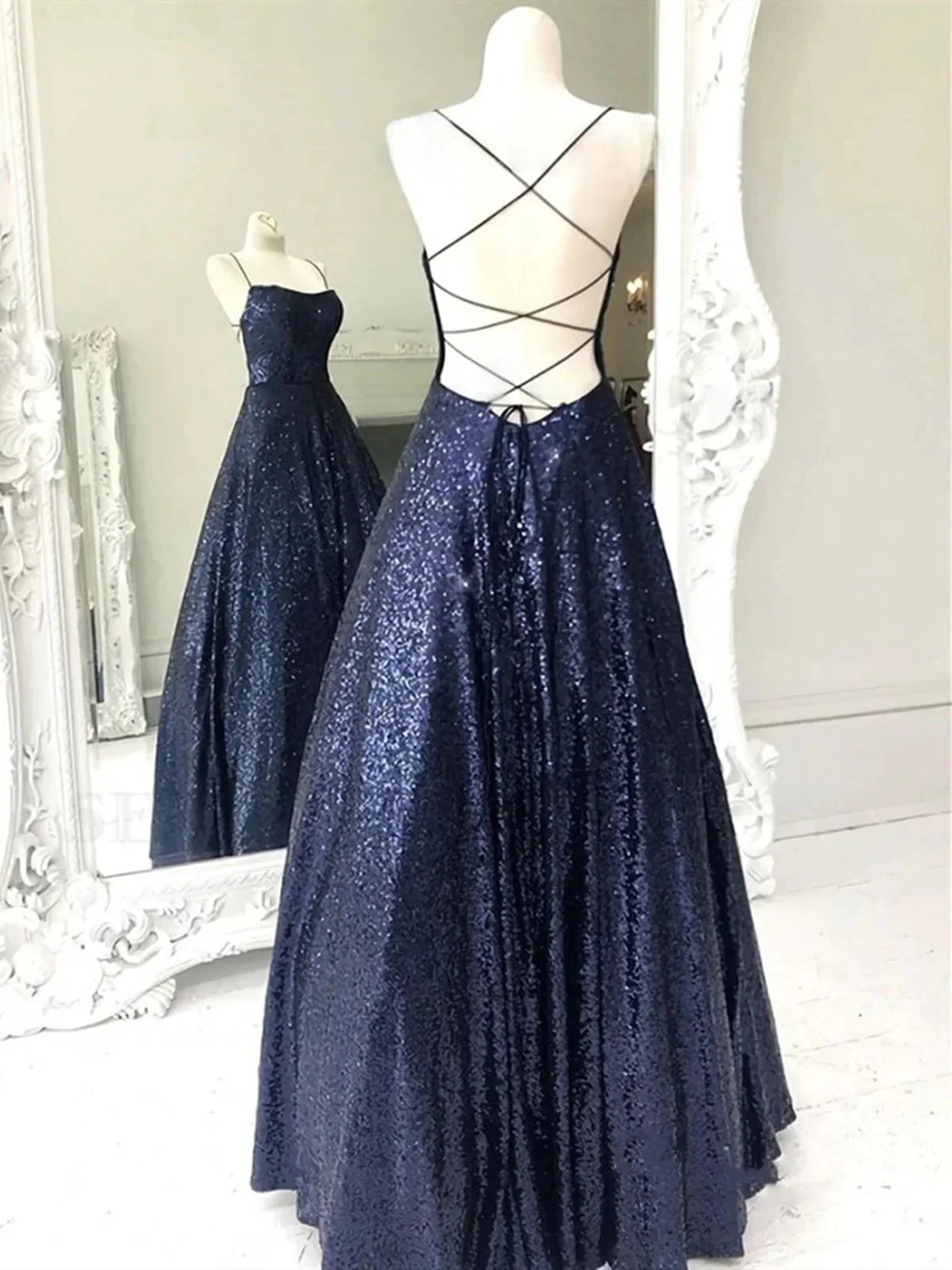 Elegant Long A-line Strapless Sequined Open Back Formal Prom Dresses - Image 3