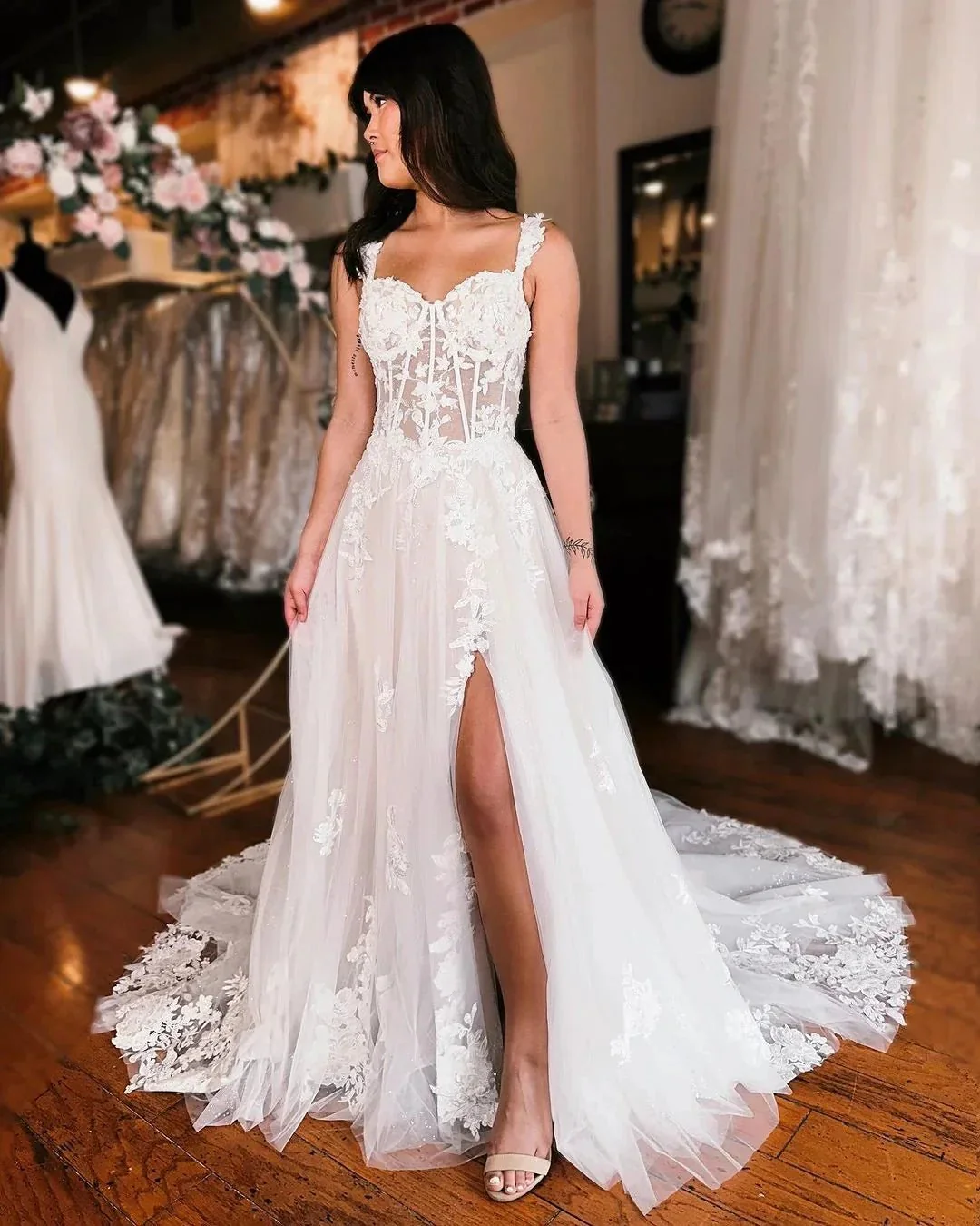 Elegant Long A-line Straps Sleeveless Lace Wedding Dress With Slit - Image 3