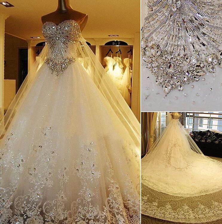 Elegant Long A Line Sweetheart Appliques Crystal Beading Wedding Dress - Image 3
