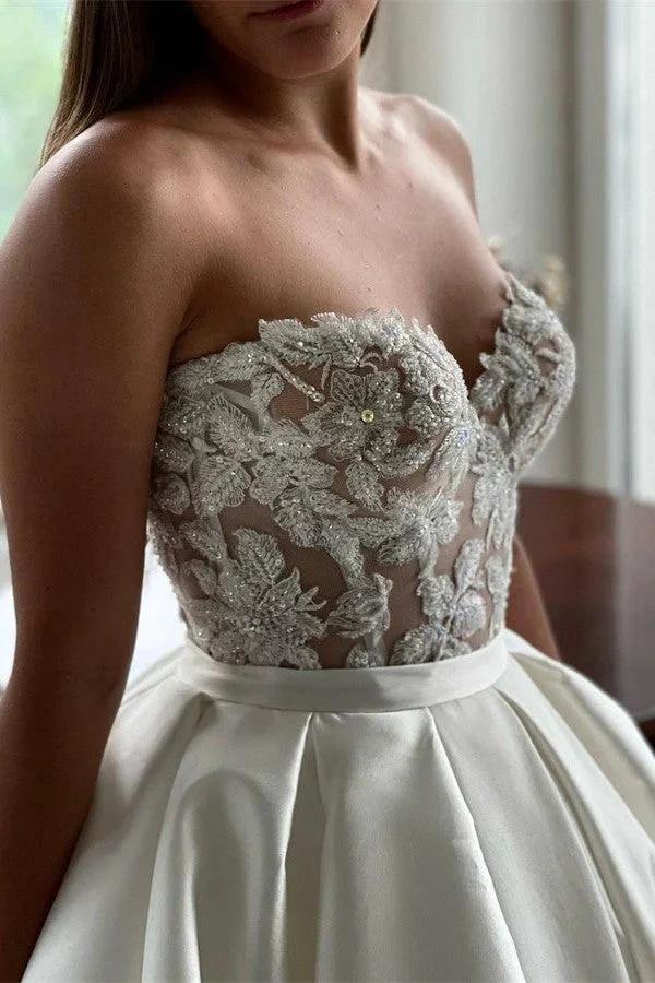 Elegant Long A-line Sweetheart Lace Satin Wedding Dresses - Image 2