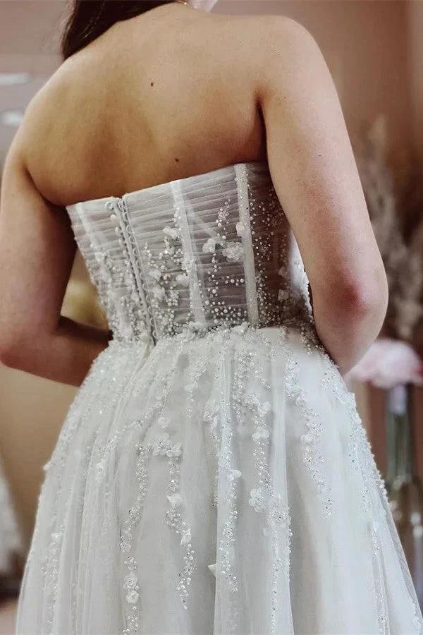 Elegant Long A-line Sweetheart Tulle Lace Wedding Dress with Slit - Image 2