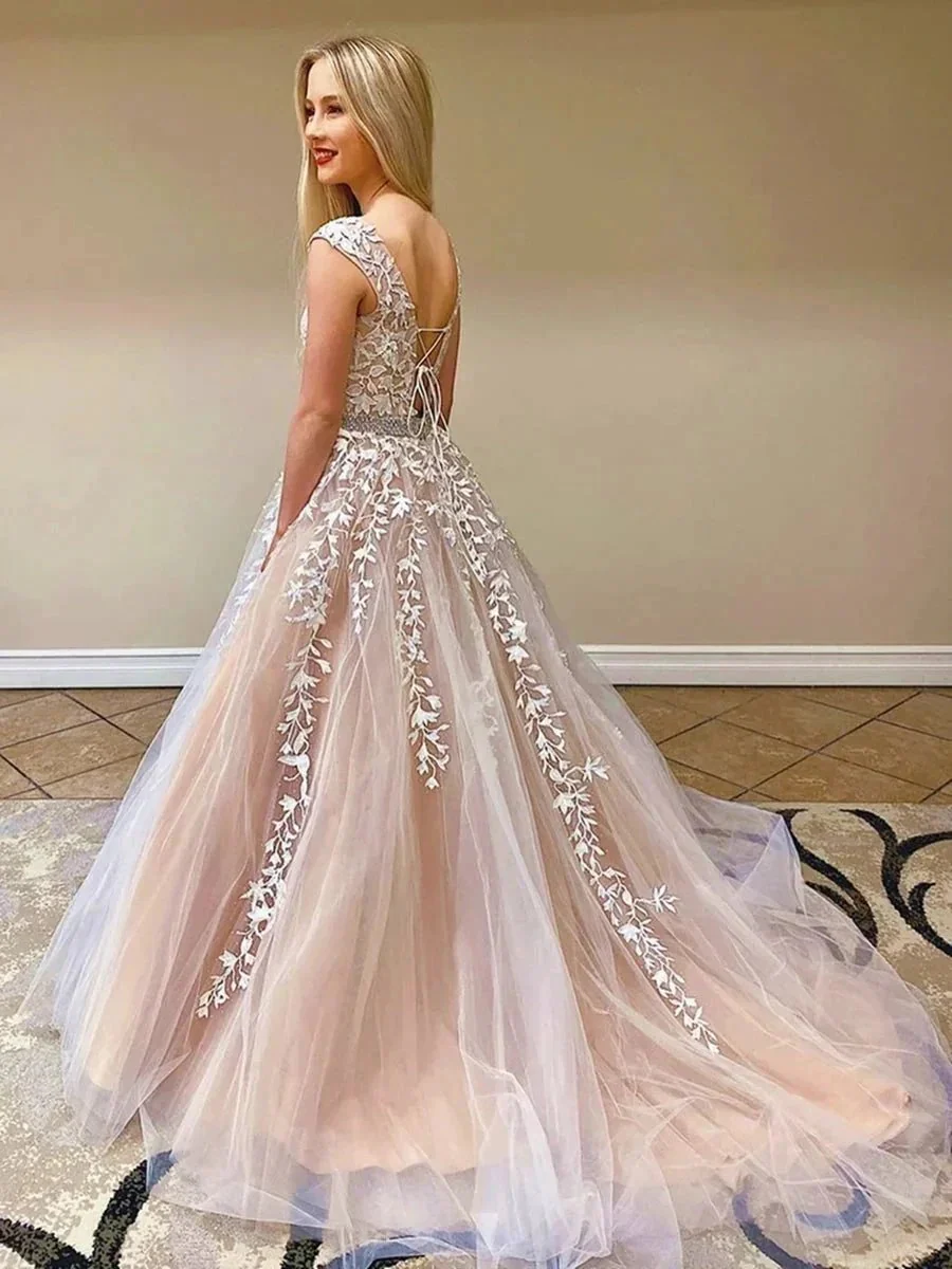 Elegant Long A-line Tulle Lace Round Neck Backless Formal Prom Dresses - Image 2