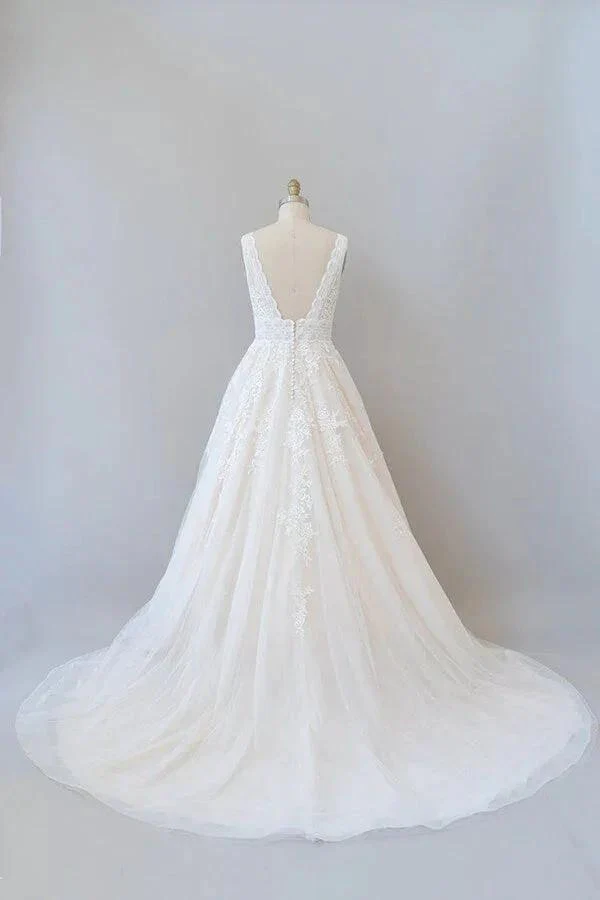 Elegant Long A-line V-neck Appliques Lace Tulle Backless Wedding Dress - Image 2