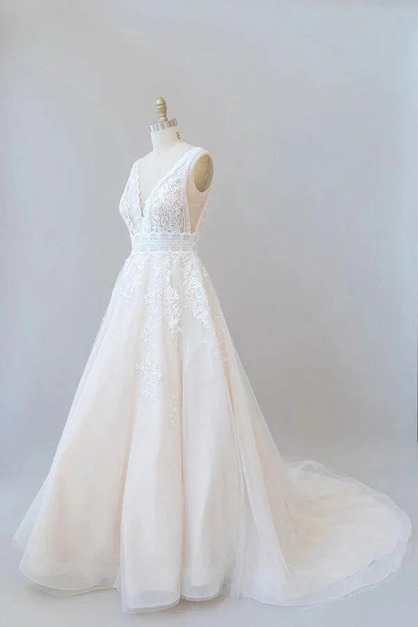 Elegant Long A-line V-neck Appliques Lace Tulle Backless Wedding Dress - Image 3
