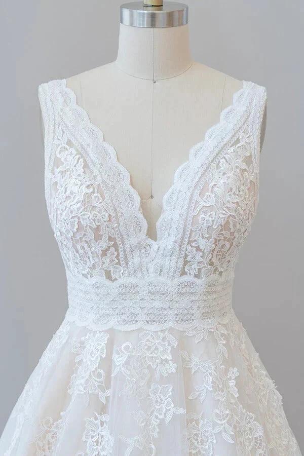 Elegant Long A-line V-neck Appliques Lace Tulle Backless Wedding Dress - Image 6