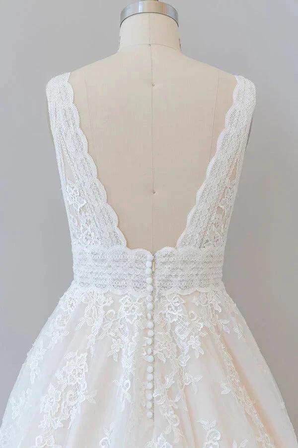 Elegant Long A-line V-neck Appliques Lace Tulle Backless Wedding Dress - Image 7