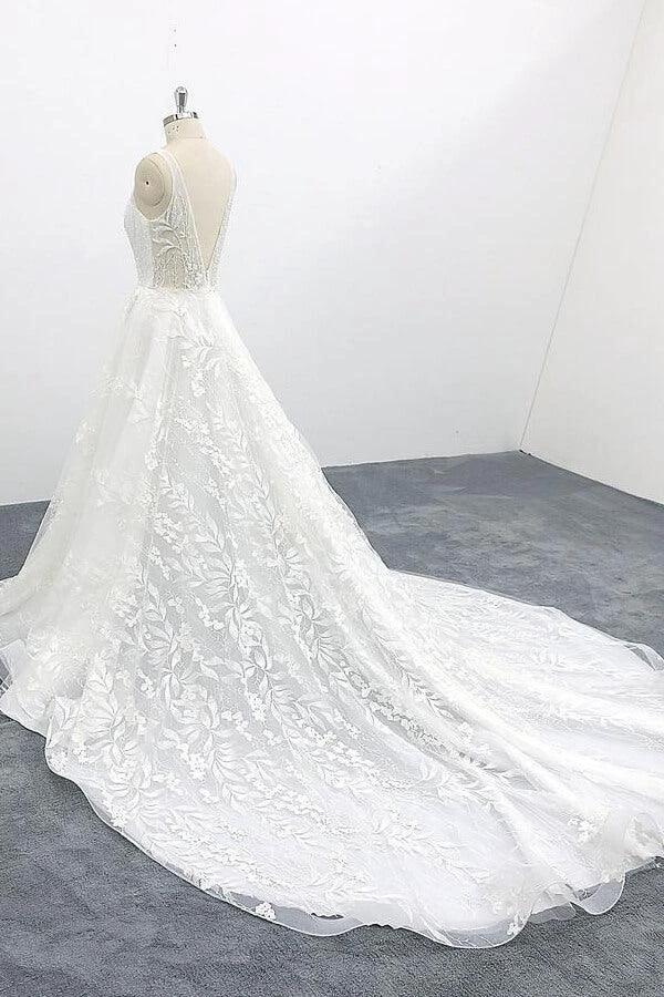 Elegant Long A-line V-neck Appliques Lace Tulle Backless Wedding Dress - Image 3