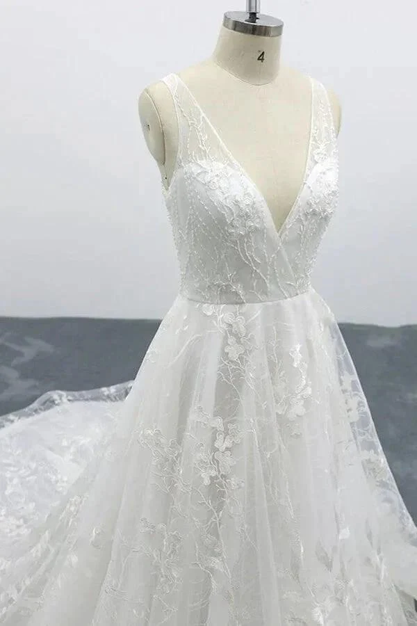Elegant Long A-line V-neck Appliques Lace Tulle Backless Wedding Dress - Image 6