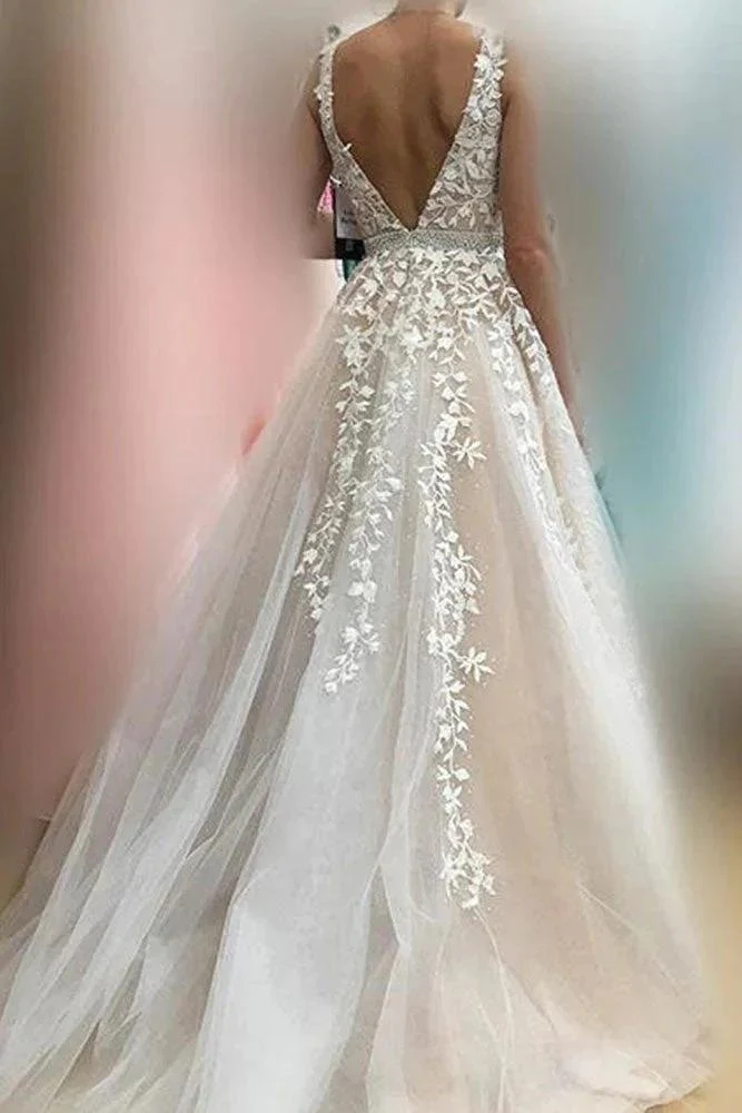 Elegant Long A line V neck Appliques Lace Tulle Wedding Dress - Image 2