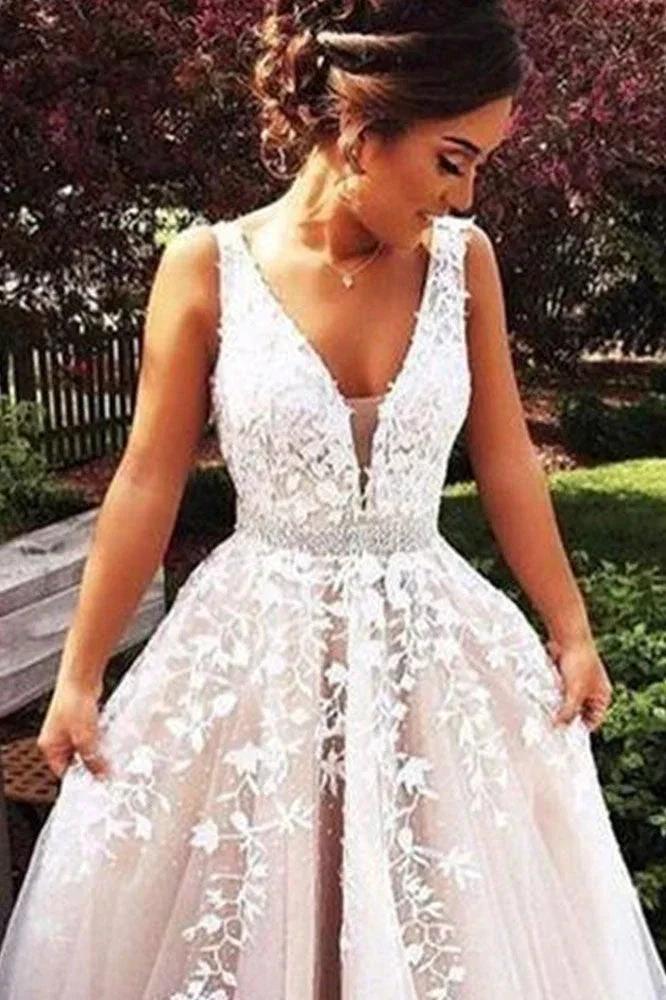 Elegant Long A line V neck Appliques Lace Tulle Wedding Dress - Image 3
