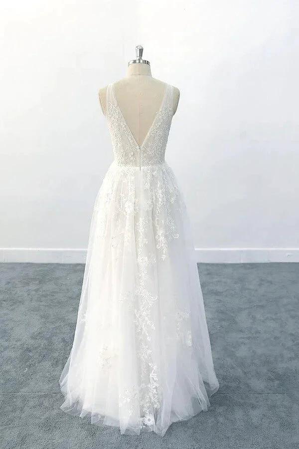 Elegant Long  A-line V-neck Appliques Tulle Backless Wedding Dress - Image 2