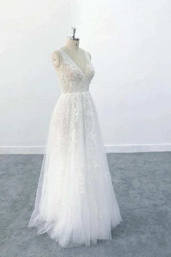 Elegant Long  A-line V-neck Appliques Tulle Backless Wedding Dress - Image 3