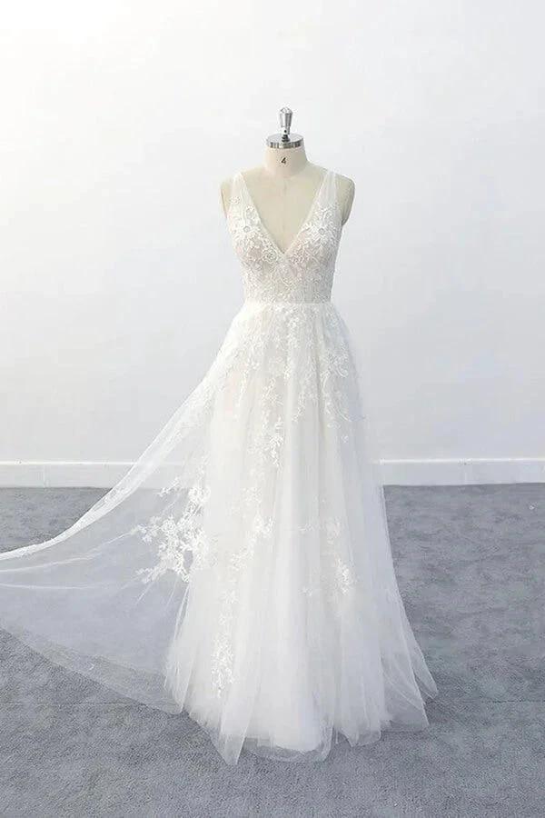 Elegant Long  A-line V-neck Appliques Tulle Backless Wedding Dress - Image 4