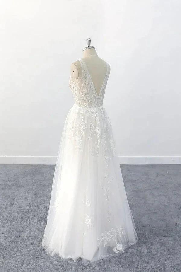 Elegant Long  A-line V-neck Appliques Tulle Backless Wedding Dress - Image 5
