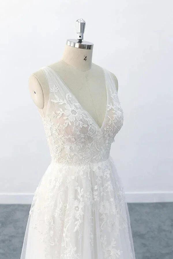 Elegant Long  A-line V-neck Appliques Tulle Backless Wedding Dress - Image 6
