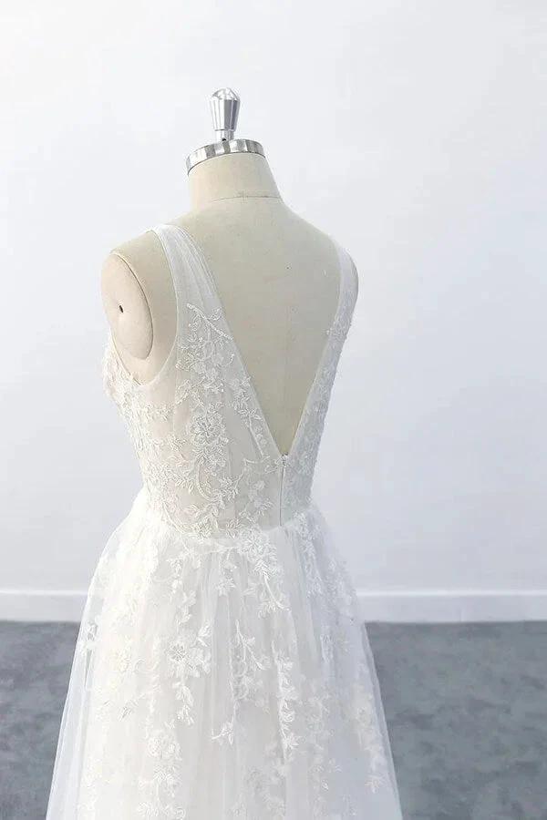 Elegant Long  A-line V-neck Appliques Tulle Backless Wedding Dress - Image 7