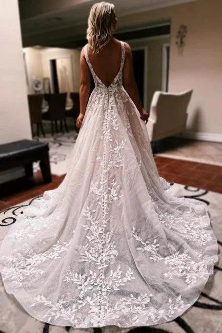 Elegant Long A-line V-neck Backless Lace Glitter Sleeveless Wedding Dresses - Image 2