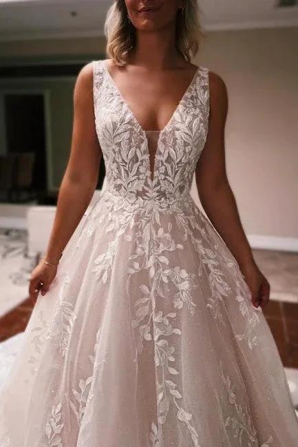 Elegant Long A-line V-neck Backless Lace Glitter Sleeveless Wedding Dresses - Image 3