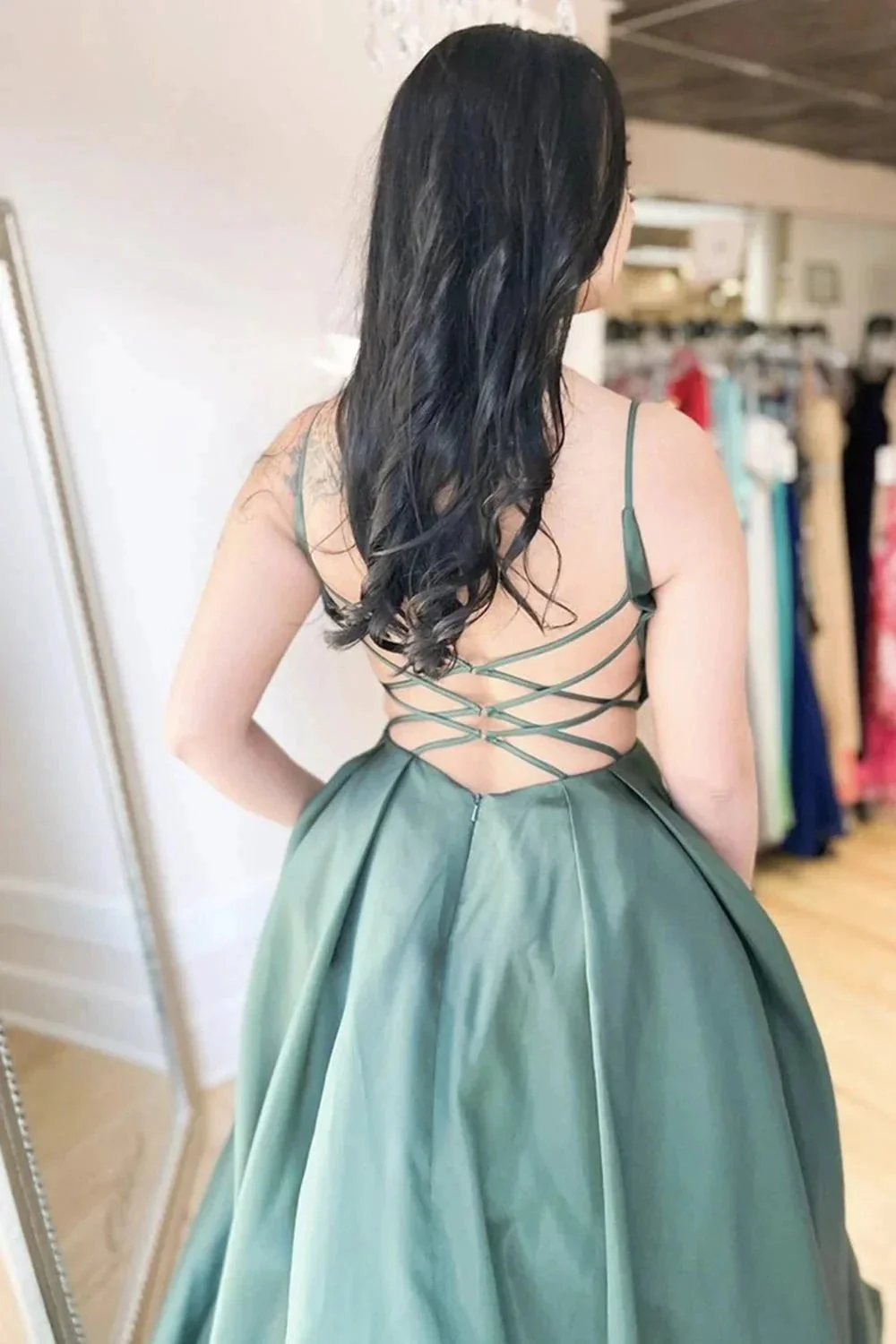 Elegant Long A Line V Neck Backless Satin Formal Prom Dresses - Image 2