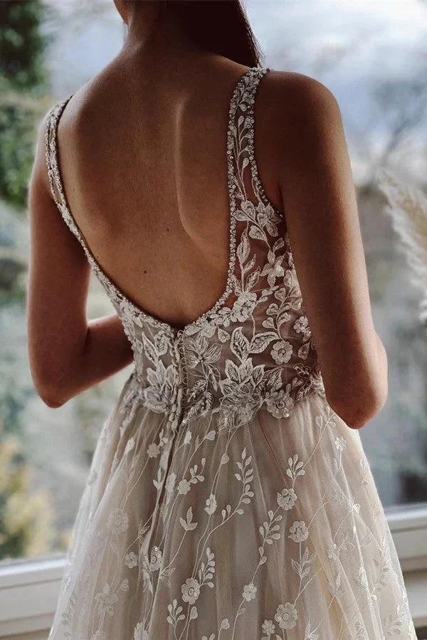 Elegant Long A-line V-neck Backless Tulle Lace Wedding Dresses - Image 3