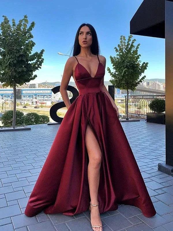 Elegant Long A-line V-Neck Front Slit Satin Prom Dress with Pockets - Image 2