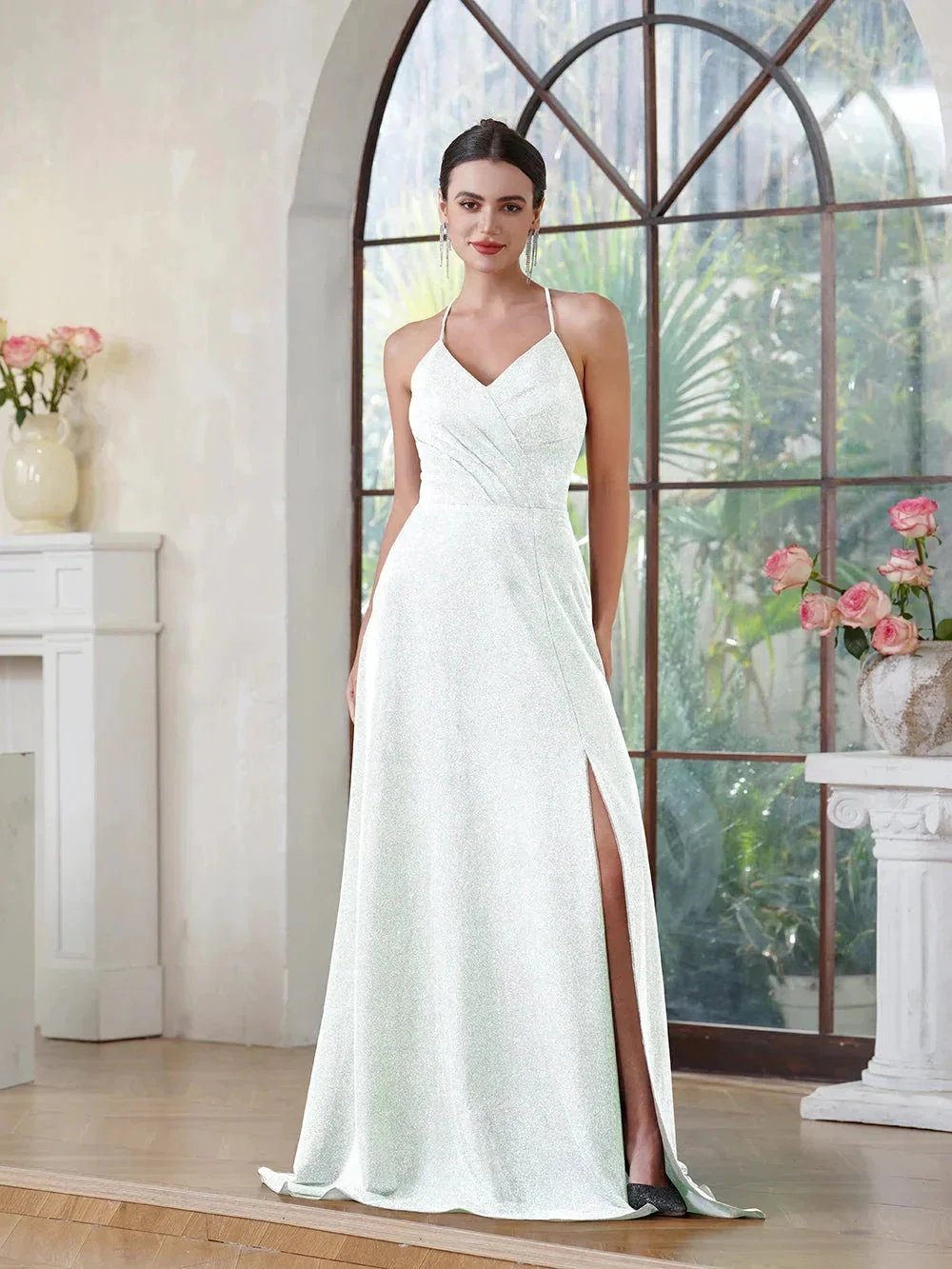 Elegant Long A-line V-Neck Halter Shiny Silk Prom Dress With Side Slit Party Dress with Pocket - Image 10