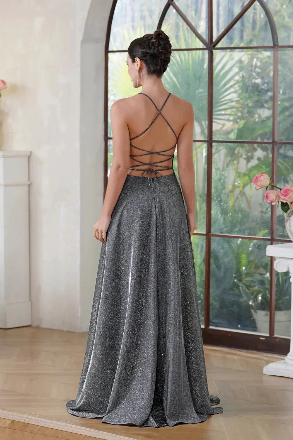 Elegant Long A-line V-Neck Halter Shiny Silk Prom Dress With Side Slit Party Dress with Pocket - Image 2