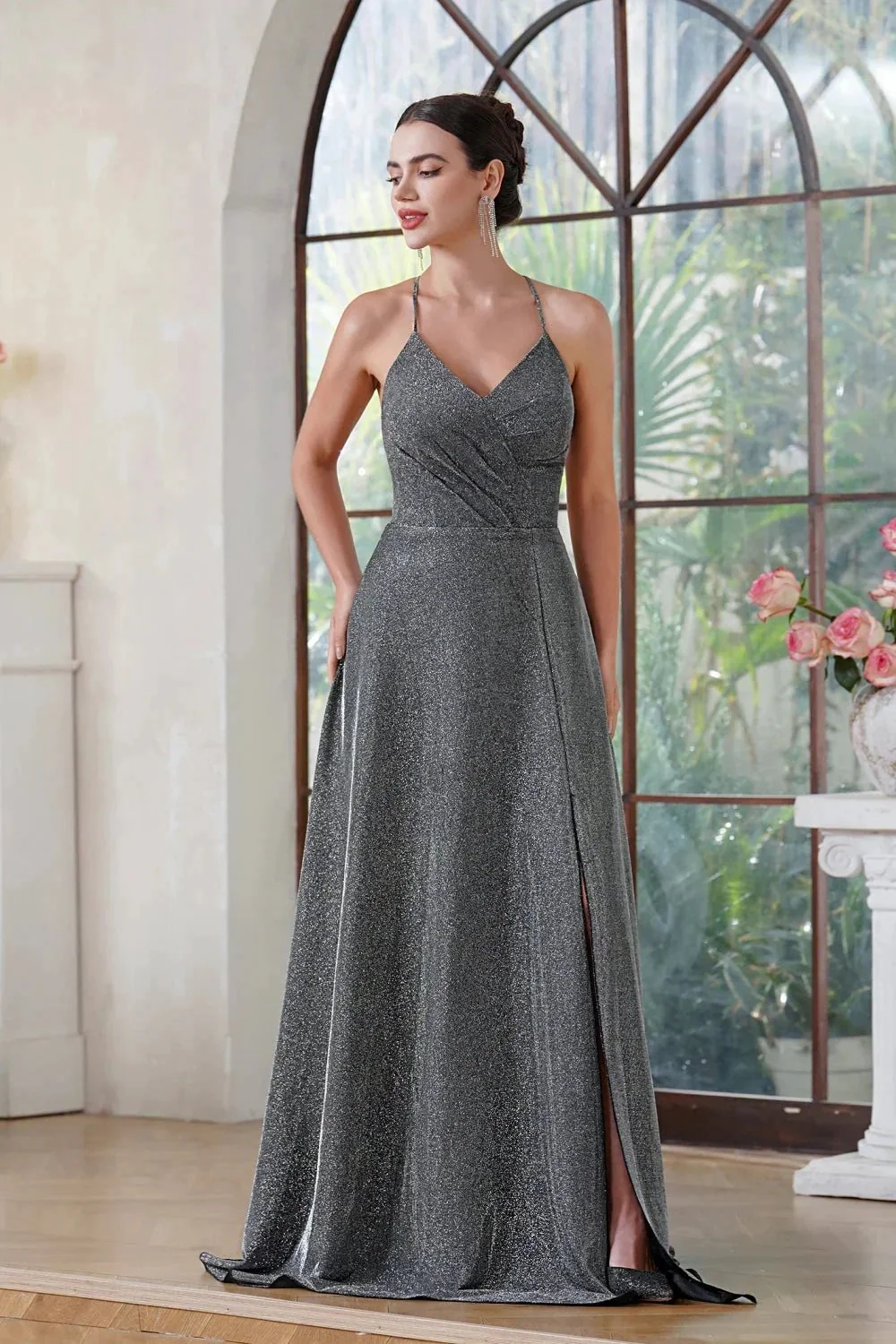 Elegant Long A-line V-Neck Halter Shiny Silk Prom Dress With Side Slit Party Dress with Pocket - Image 3
