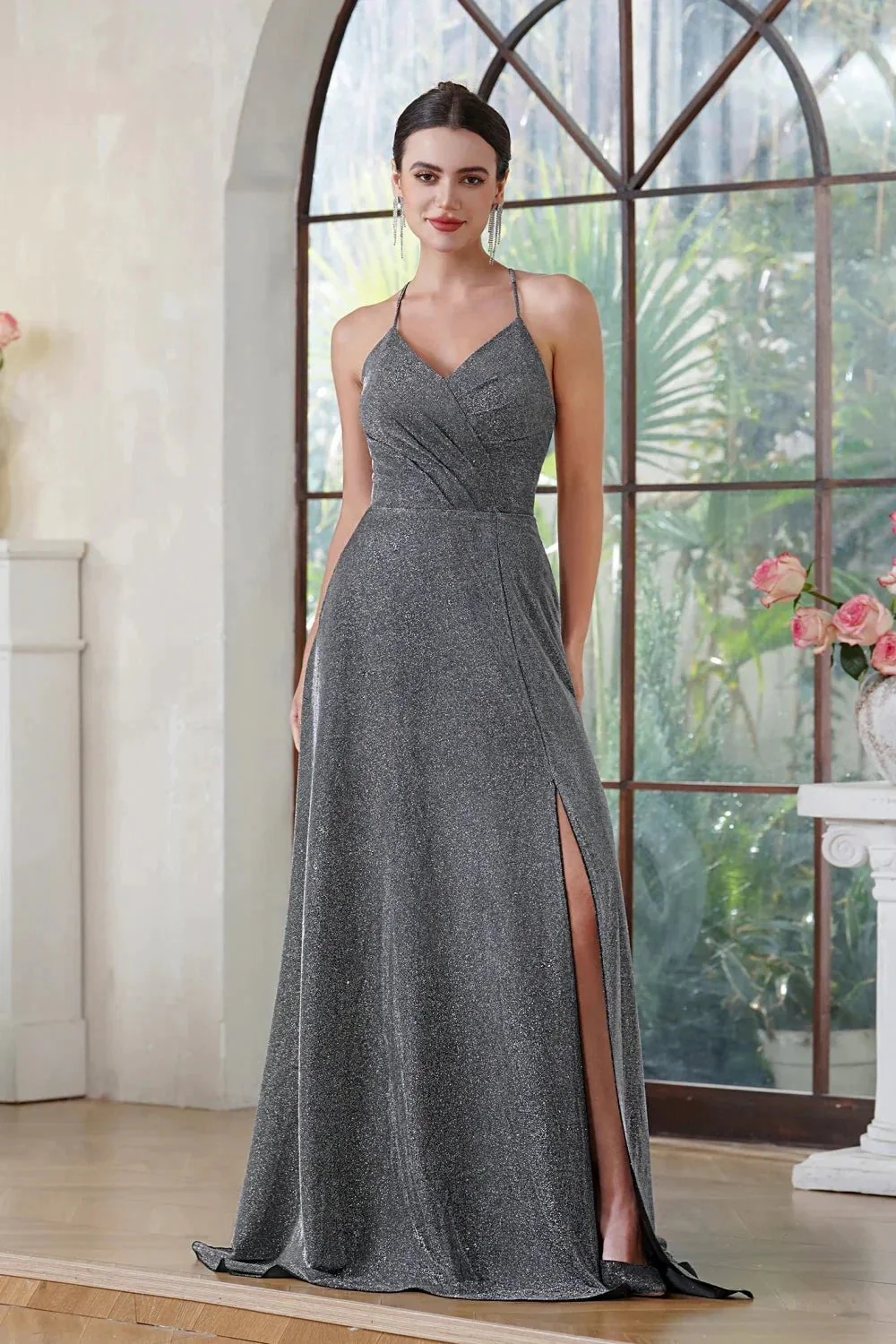 Elegant Long A-line V-Neck Halter Shiny Silk Prom Dress With Side Slit Party Dress with Pocket - Image 4
