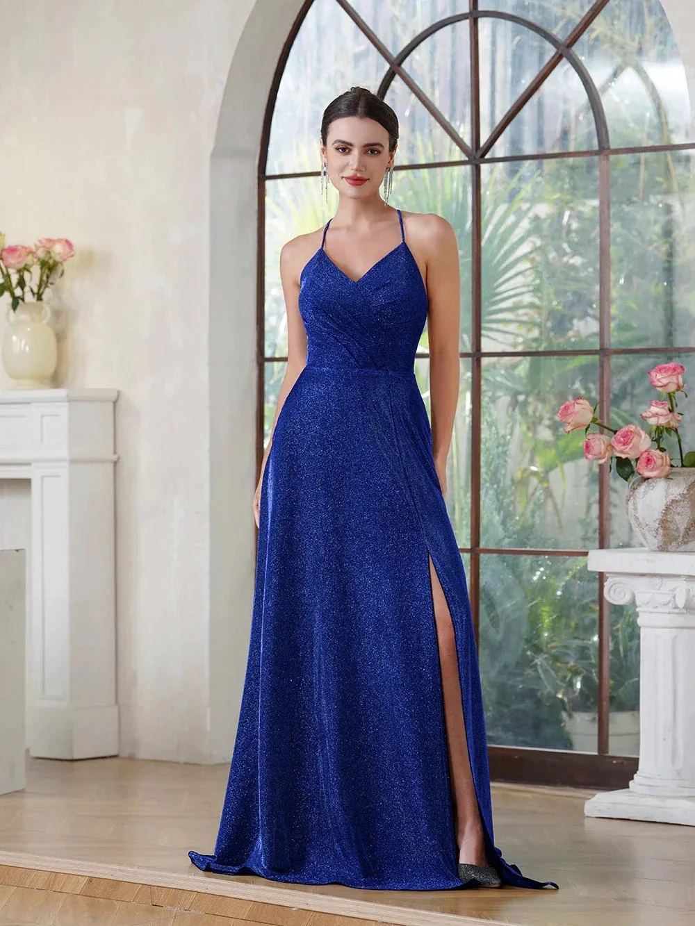 Elegant Long A-line V-Neck Halter Shiny Silk Prom Dress With Side Slit Party Dress with Pocket - Image 6