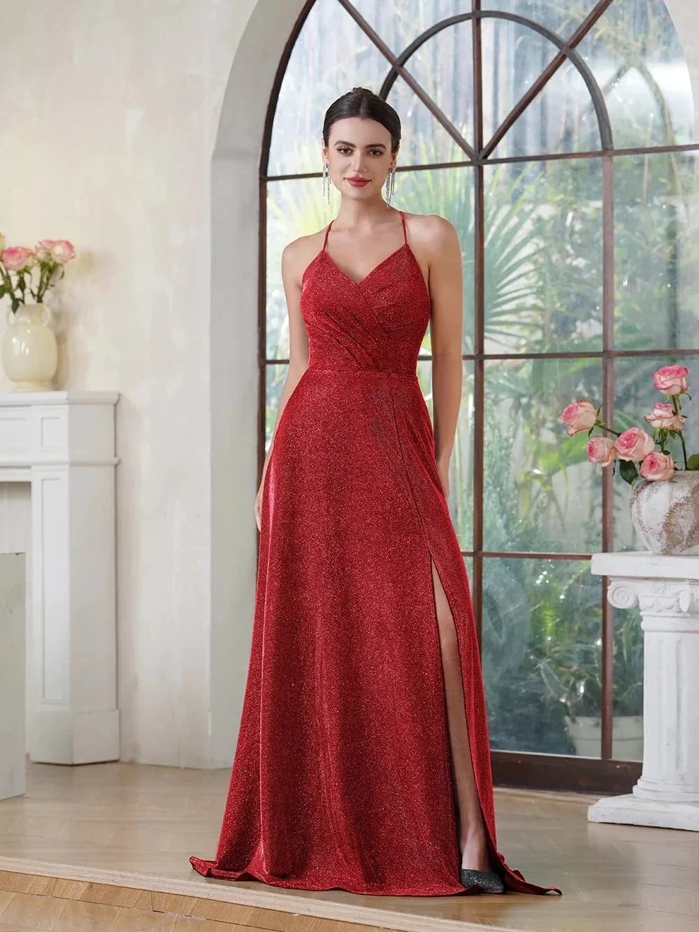 Elegant Long A-line V-Neck Halter Shiny Silk Prom Dress With Side Slit Party Dress with Pocket - Image 7