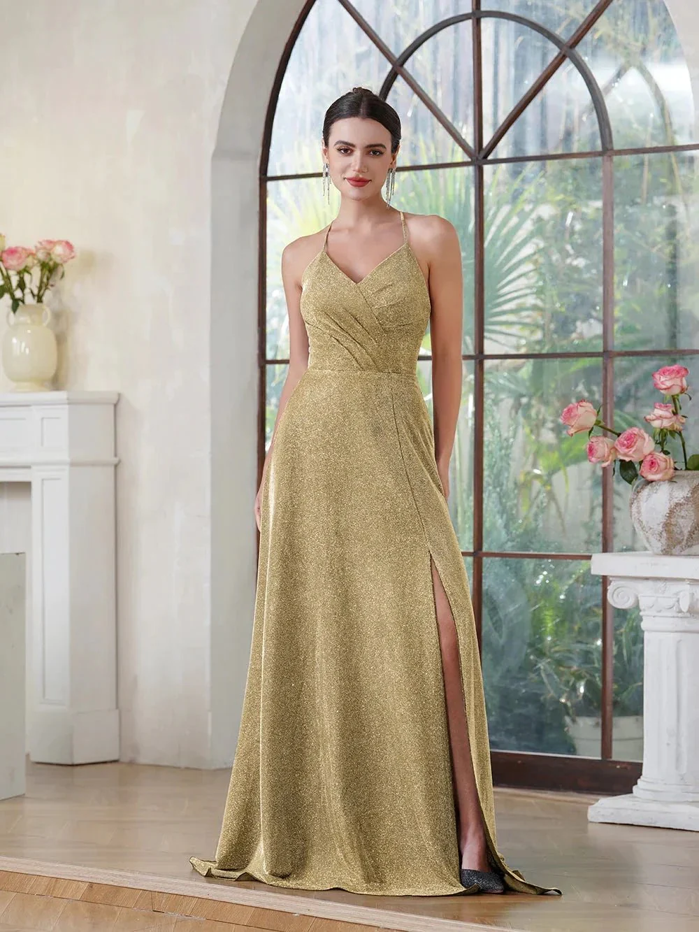 Elegant Long A-line V-Neck Halter Shiny Silk Prom Dress With Side Slit Party Dress with Pocket - Image 8