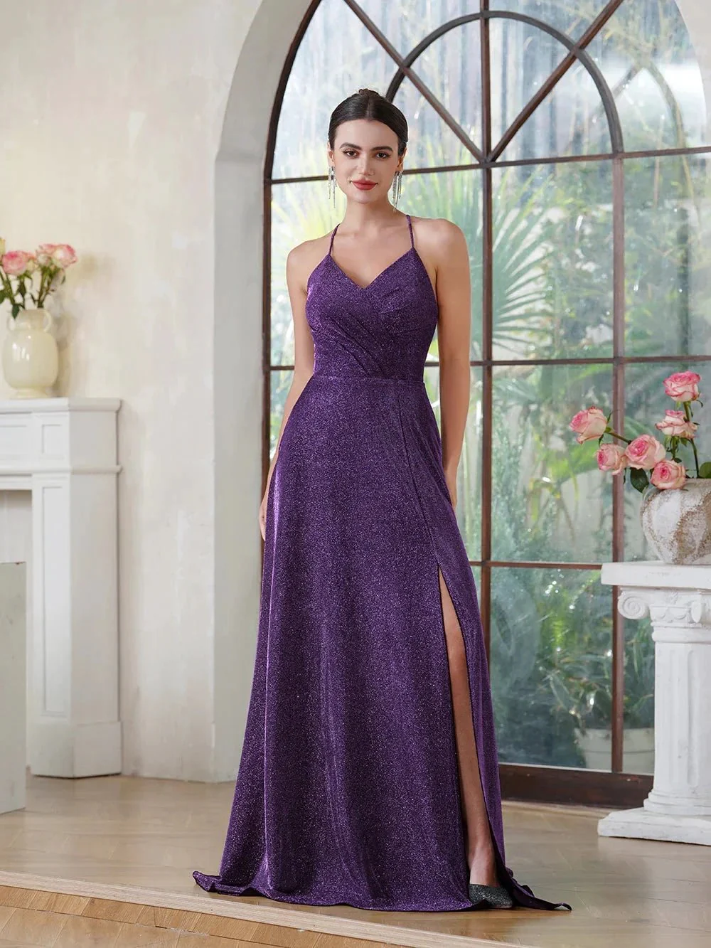 Elegant Long A-line V-Neck Halter Shiny Silk Prom Dress With Side Slit Party Dress with Pocket - Image 9