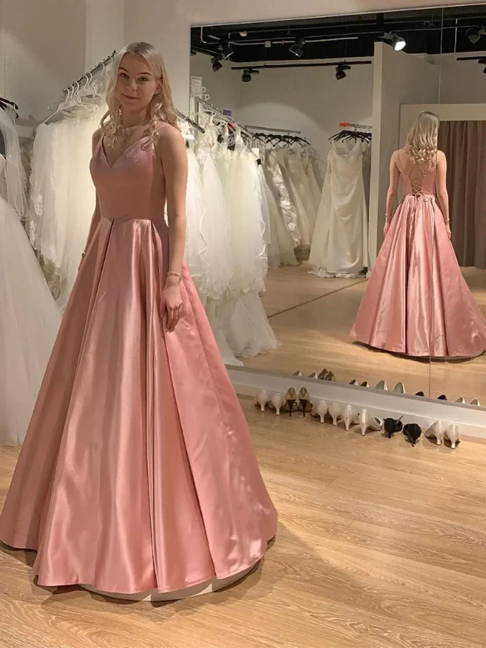 Elegant Long A-line V-neck Satin Backless Graduation Prom Dresses - Image 2